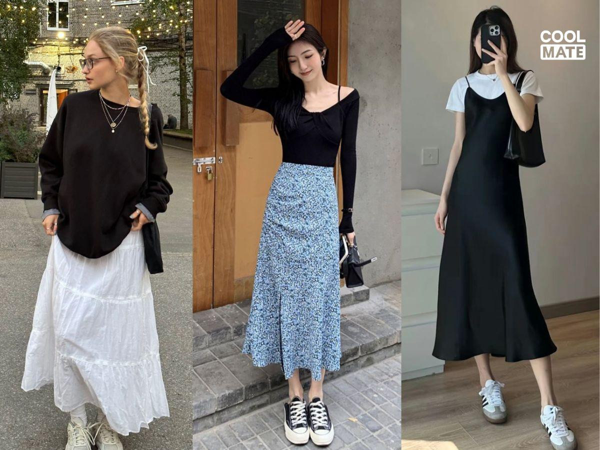 Phối giày thể thao nữ trắng với váy hoa tạo vẻ dịu dàng thanh lịch
