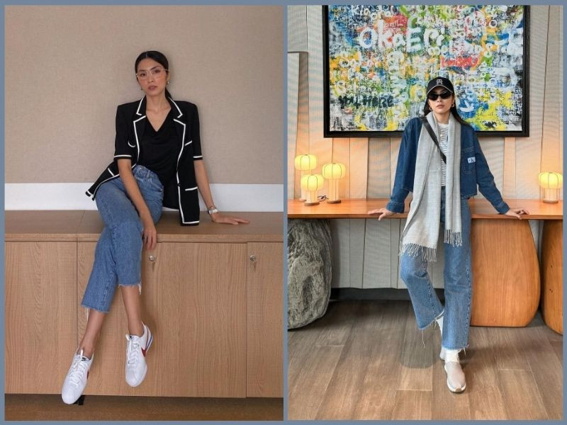 Phối giày thể thao nữ với áo thun và quần jean