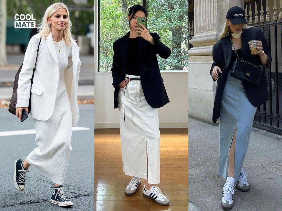Phối giày thể thao nữ với blazer và váy tạo phong cách thanh lịch sang trọng
