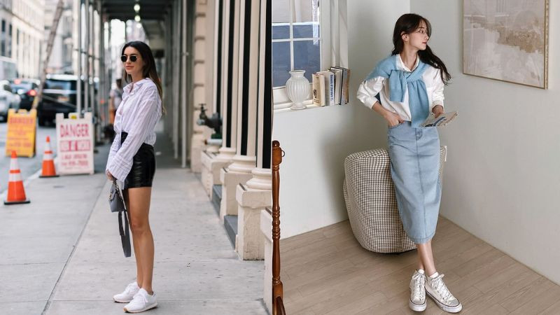 Phối giày thể thao trắng với áo sơ mi và chân váy