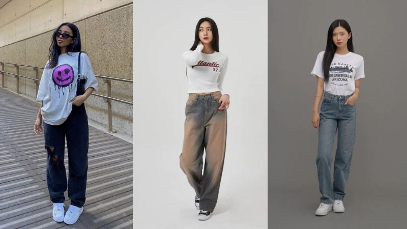 Phối giày thể thao với áo thun quần jeans