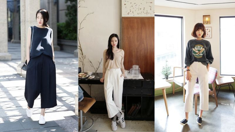 Phối giày thể thao với quần culottes hiện đại