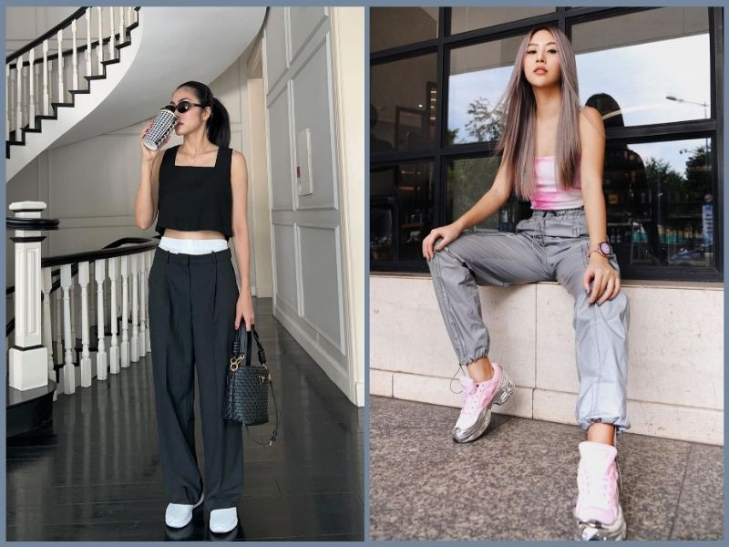 Phối giày thể thao với quần ống suông