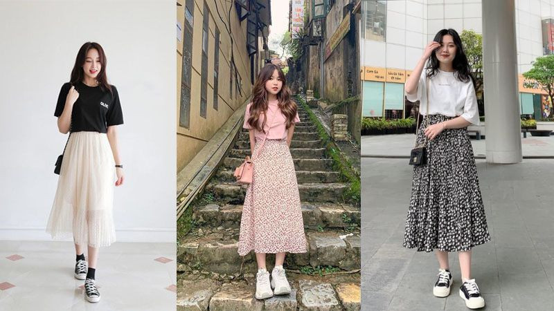 Phối giày thể thao với váy maxi và áo thun