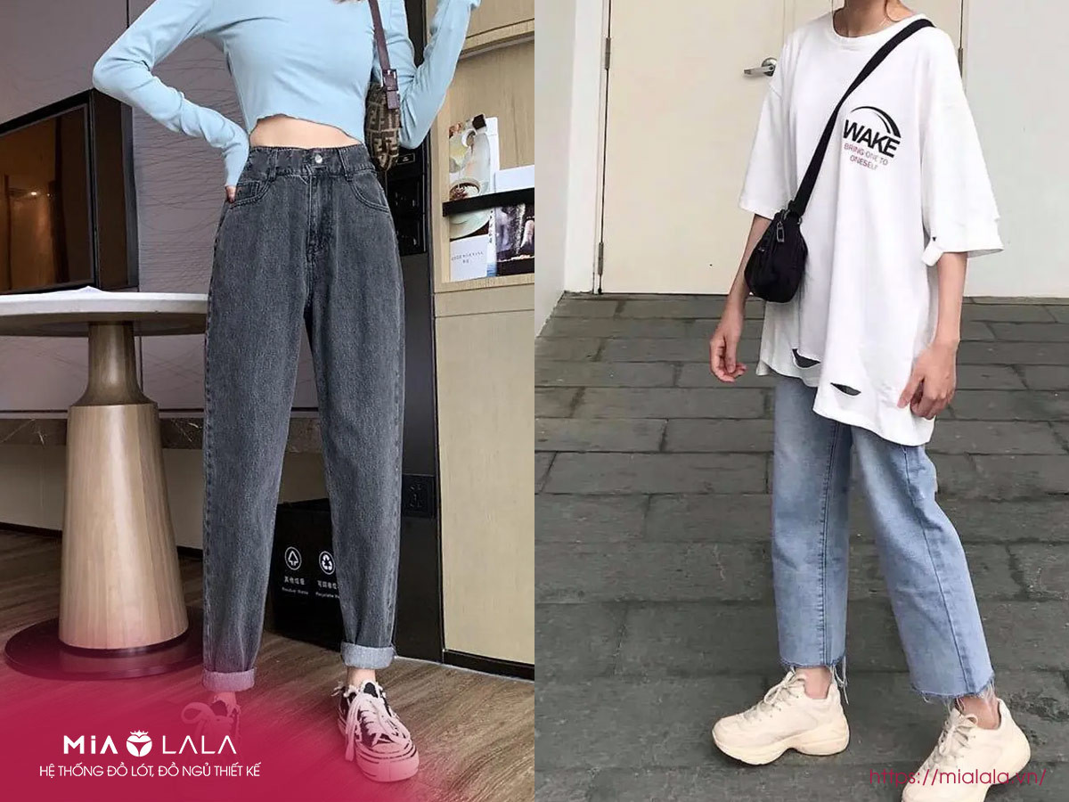 Phối quần baggy jean nữ với giày sneaker trắng năng động