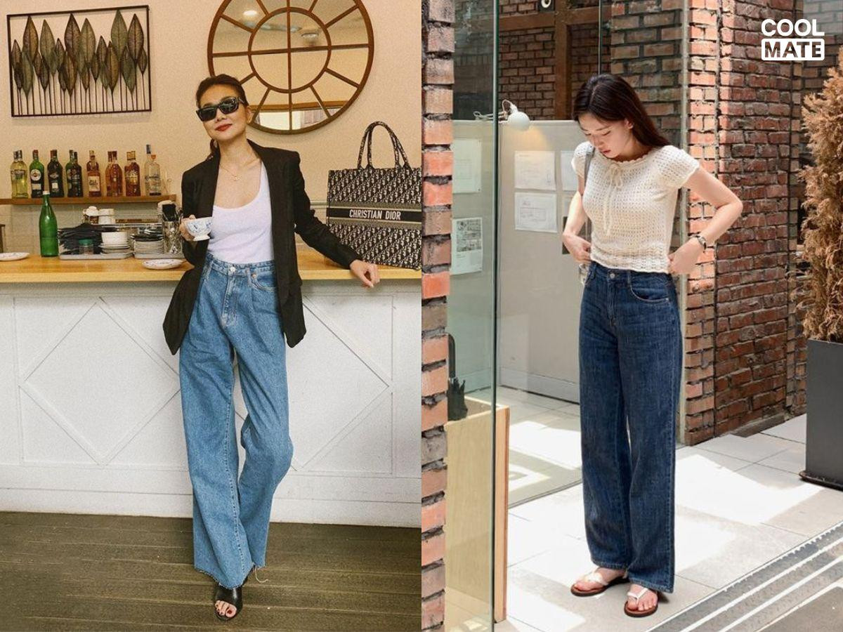 Phối quần jean baggy xắn gấu với giày sandal đế bệt đơn giản