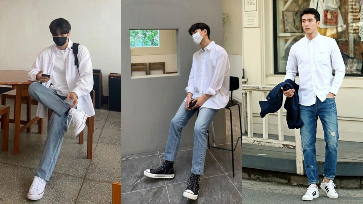 Phối quần jean nam cùng giày sneaker và áo sơ mi