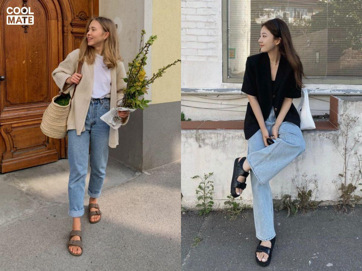 Phối quần jean ống rộng và dép sandal quai ngang màu đen đơn giản