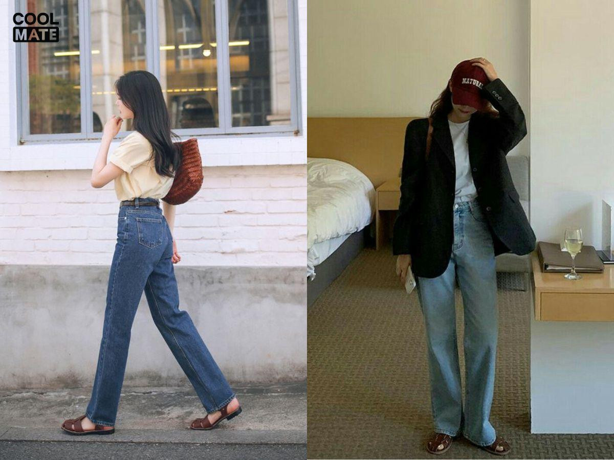 Phối quần jean ống rộng với giày sandal rọ màu đen cá tính
