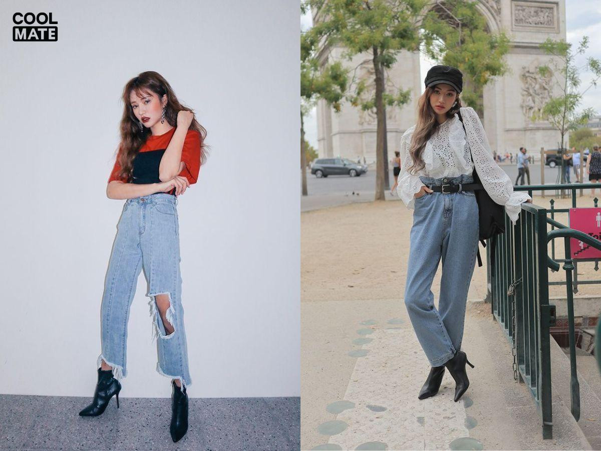 Phối quần jean rách gối với giày boot cao gót mũi nhọn cá tính