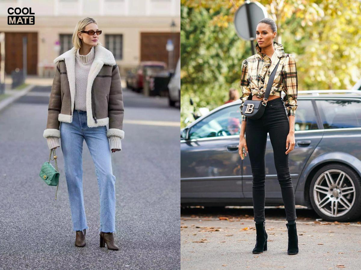 Phối quần jean skinny màu xanh đậm cùng giày boots cổ thấp cá tính