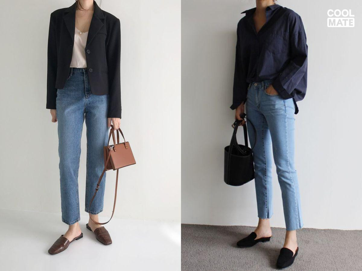 Phối quần jean skinny với giày mule bệt màu nâu thời trang