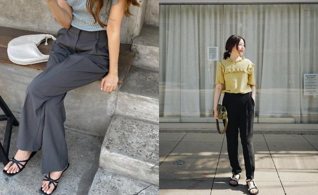 Phối quần ống rộng màu trắng và sandals quai mảnh thanh lịch