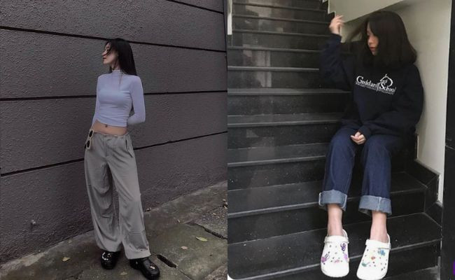 Phối quần ống rộng màu xanh với giày Crocs đen cá tính