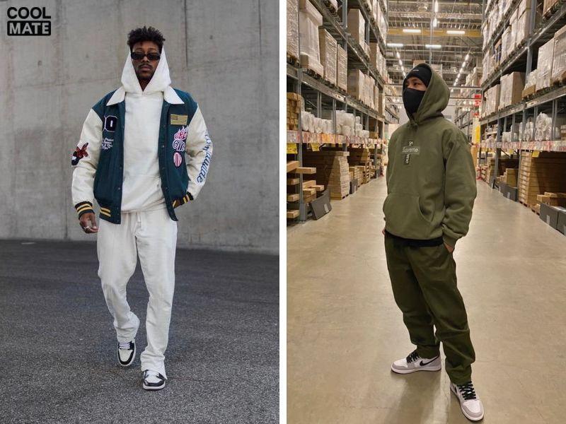 Phong cách phối đồ ấn tượng với áo hoodie xanh lá, quần jean đen và giày Jordan nam đỏ đen, tạo vẻ ngoài cá tính, ấm áp
