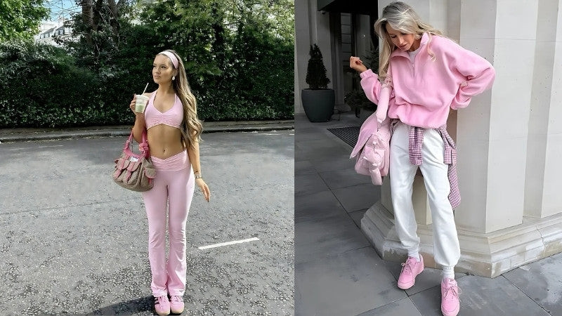 Phong cách sporty với giày thể thao màu hồng và quần jogger tối màu