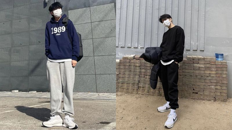 Phong cách street style với áo hoodie, quần jogger và giày thể thao hầm hố cho nam giới.