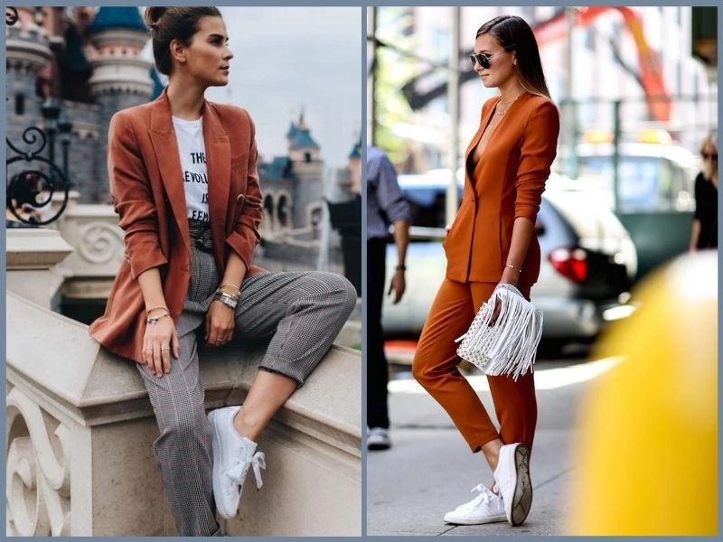 Phong cách thanh lịch cùng áo blazer và giày thể thao trắng nữ