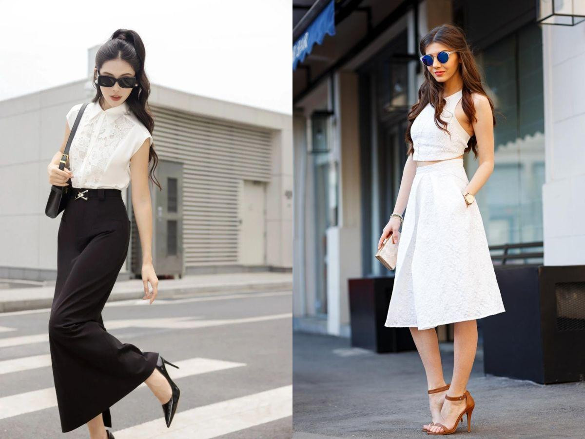 Phụ nữ thanh lịch phối chân váy midi màu nude với giày cao gót mũi nhọn màu be, tôn dáng cho trang phục công sở