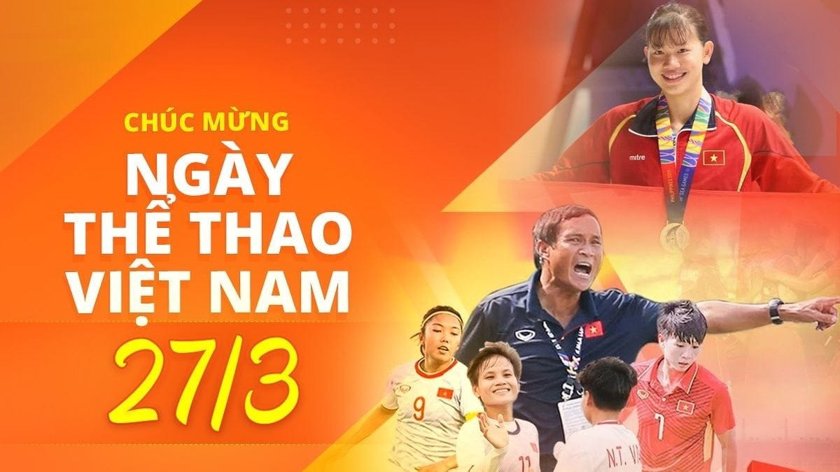 Poster cổ động phong trào Khỏe vì nước, Ngày Thể thao Việt Nam 27/3, khuyến khích mọi người tập luyện thể dục thể thao.