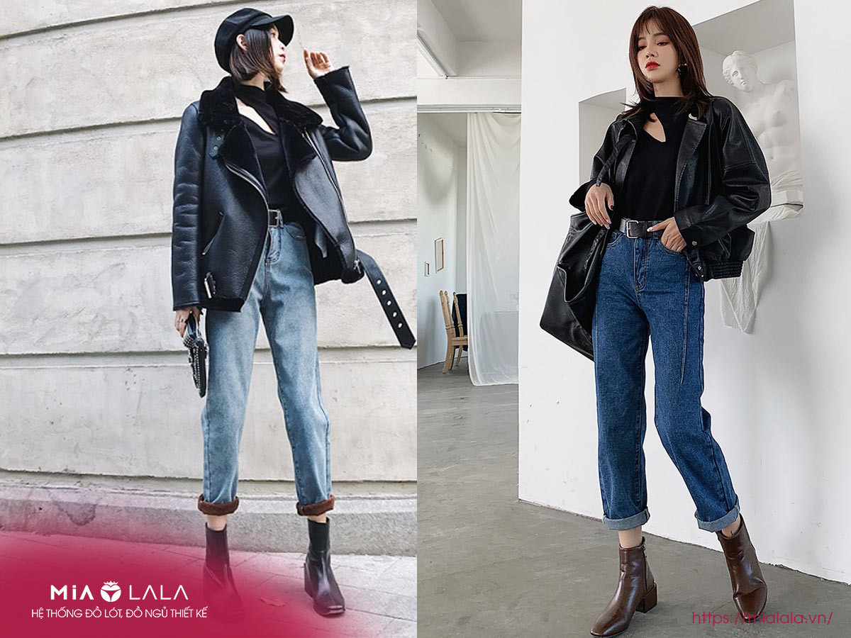 Quần baggy jean nữ cá tính với giày ankle boot sang trọng