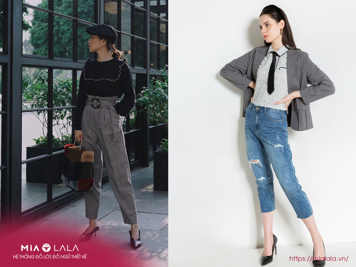 Quần baggy jean nữ sành điệu kết hợp giày cao gót thanh lịch