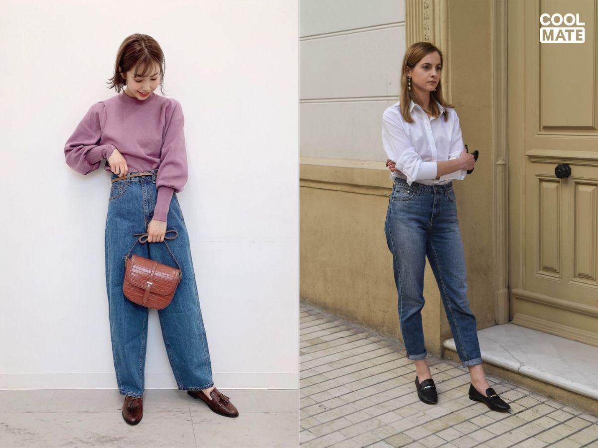 Quần jean bootcut kết hợp giày bít mũi nhọn màu nude tôn dáng