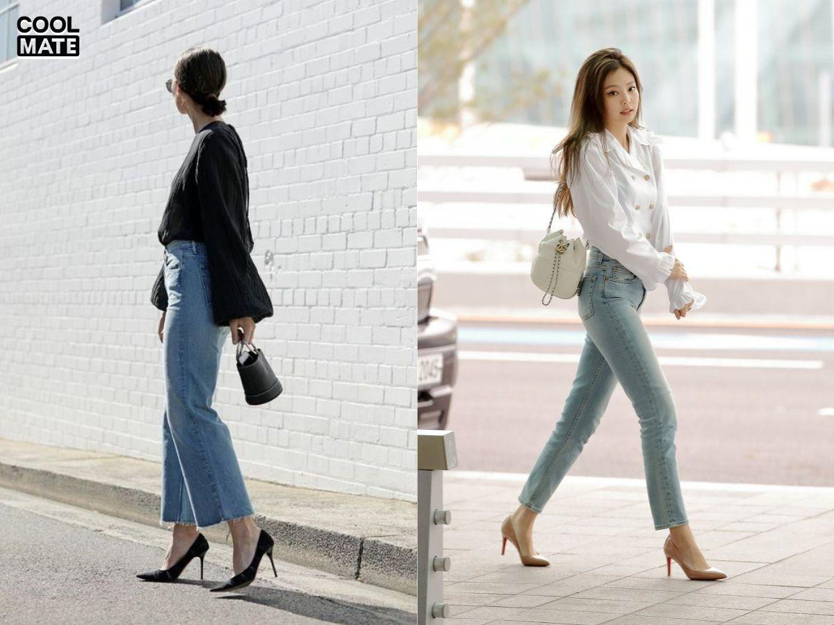 Quần jean ống rộng kết hợp giày cao gót mũi nhọn màu đen thanh lịch