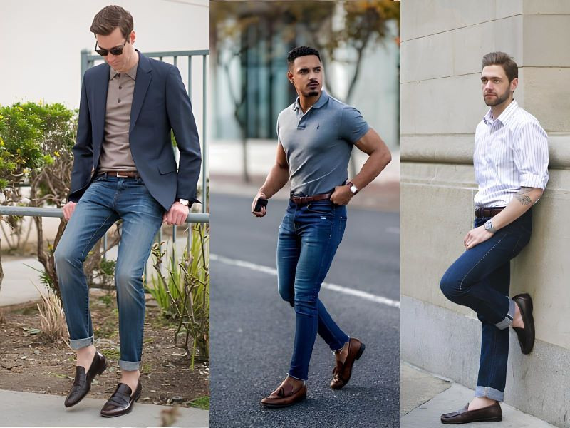 Quần jean slim-fit phối cùng giày tây nam