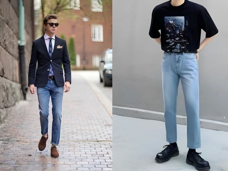 Quần jean xanh bạc phối giày da không dây tạo vẻ thanh lịch