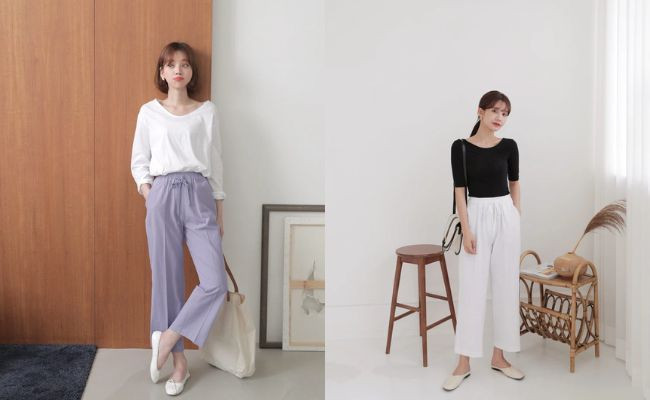 Quần ống rộng vải voan kết hợp giày búp bê màu hồng nhạt dịu dàng