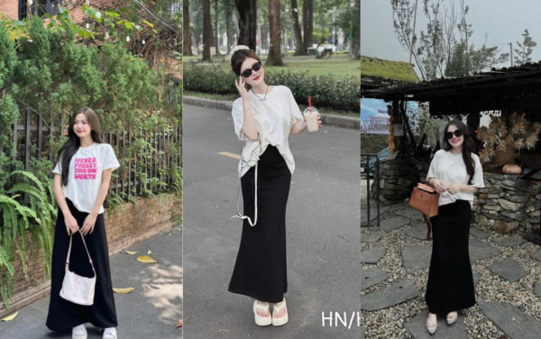 Set đồ năng động: chân váy chữ A dài, áo thun và giày sneaker