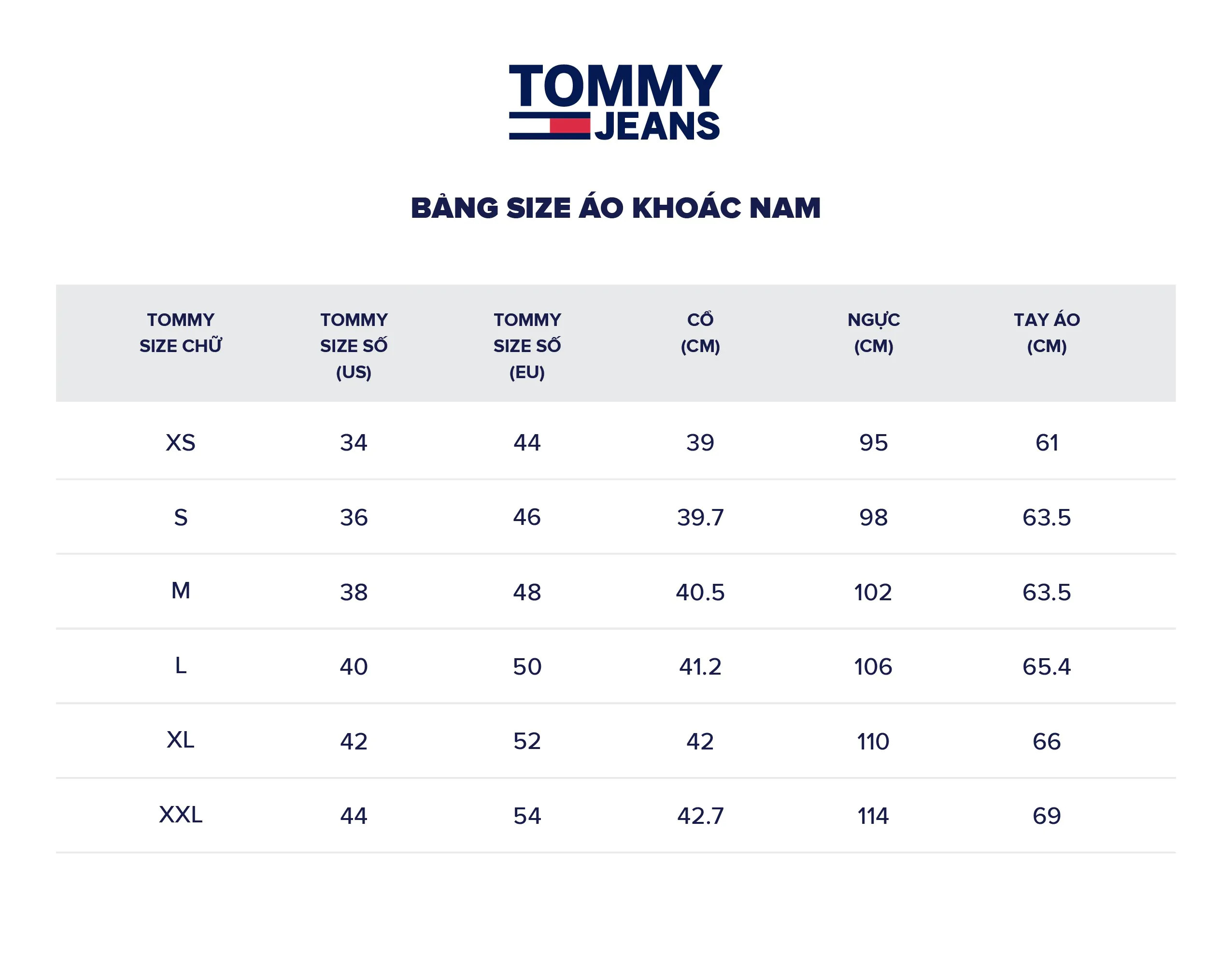 Size áo khoác nam Tommy Hilfiger chuẩn quốc tế