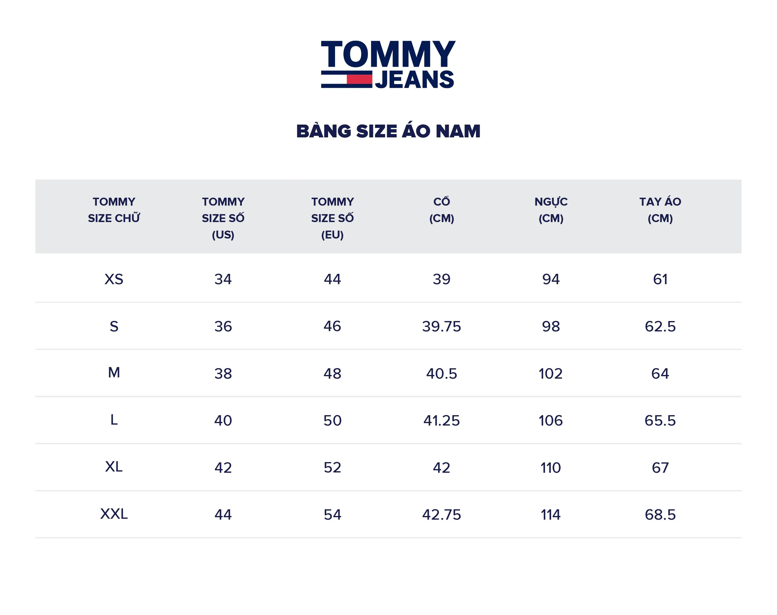 Size áo thun, sơ mi nam Tommy Hilfiger chuẩn quốc tế