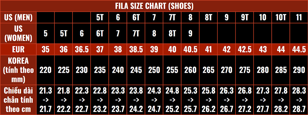 Size giày Fila nữ