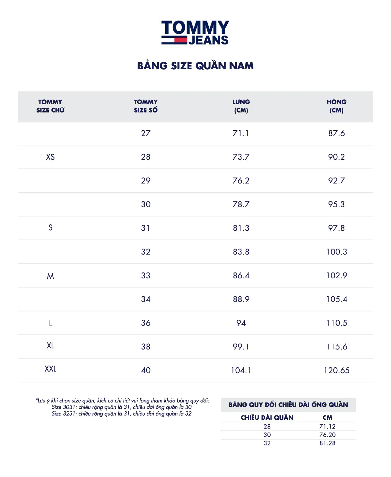 Size quần jeans nam Tommy Hilfiger chuẩn quốc tế
