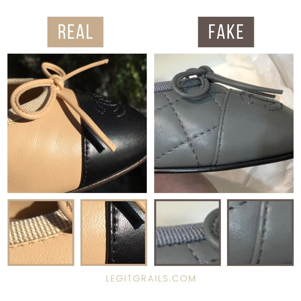 So sánh hình dáng mũi và viền cổ giày búp bê Chanel chính hãng và hàng nhái