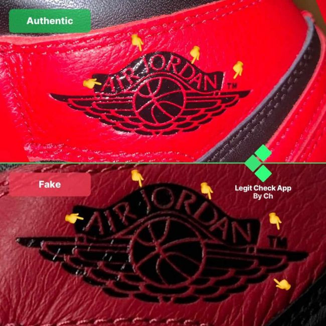 So sánh khoảng cách chữ và độ sắc nét logo Jordan trên phiên bản thật và giả