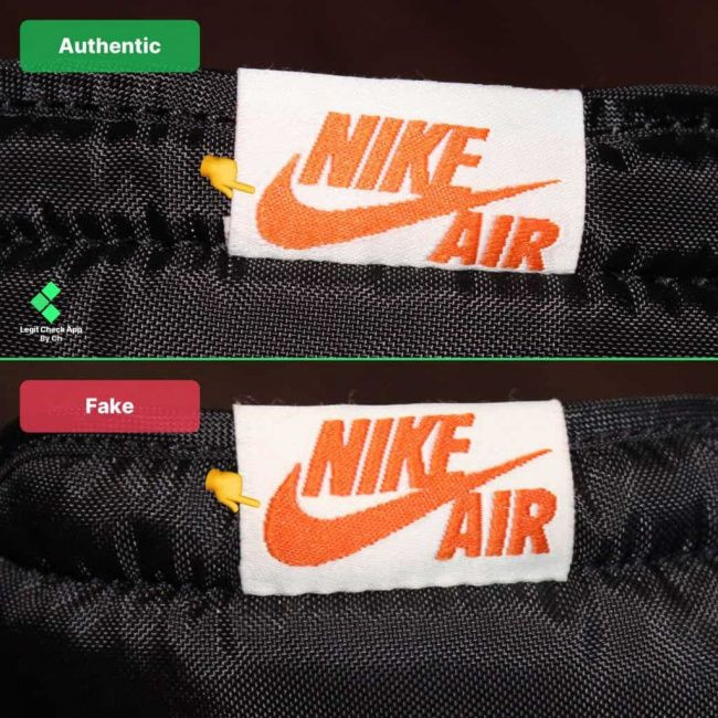 So sánh logo Nike Air trên tem lưỡi gà ngoài của giày Nike Air Jordan thật và giả