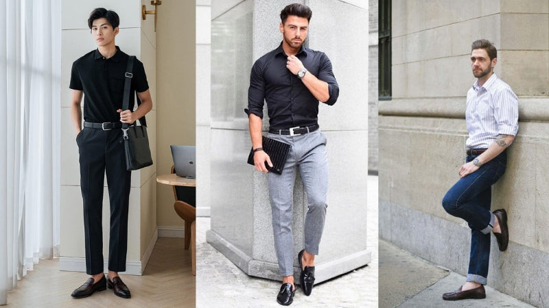 Sự kết hợp thanh lịch giữa quần âu và giày lười Loafer da, phù hợp cho phong cách quần âu giày tây thoải mái.