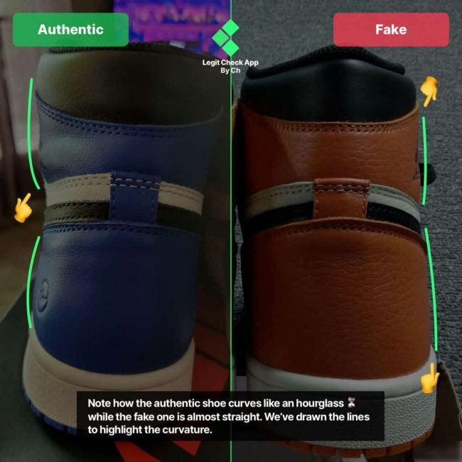 Sự khác biệt về độ cong và hình dáng gót giày giữa Nike Air Jordan thật và giả