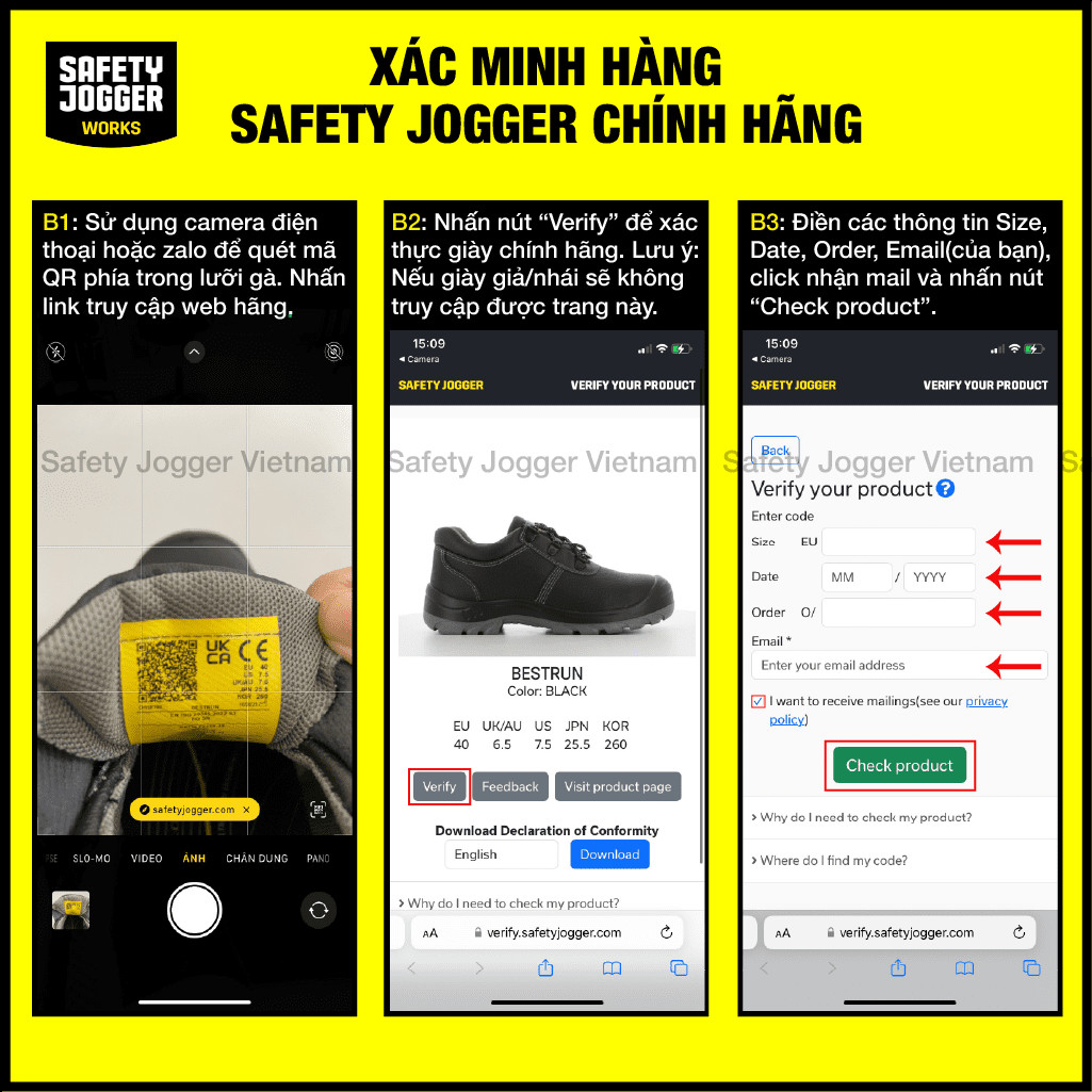 Tem xác minh chính hãng của giày bảo hộ Jogger Bestrun S3
