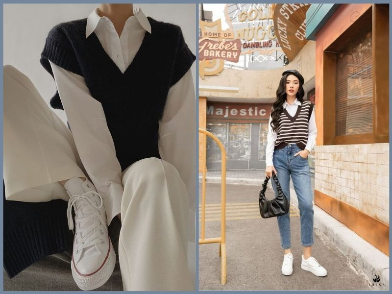 Thanh lịch, đầy trẻ trung áo sơ mi mặc gile len cùng giày thể thao nữ