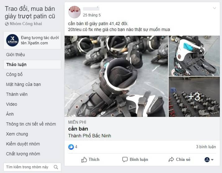 Thành viên rao bán giày patin cũ trên nhóm cộng đồng
