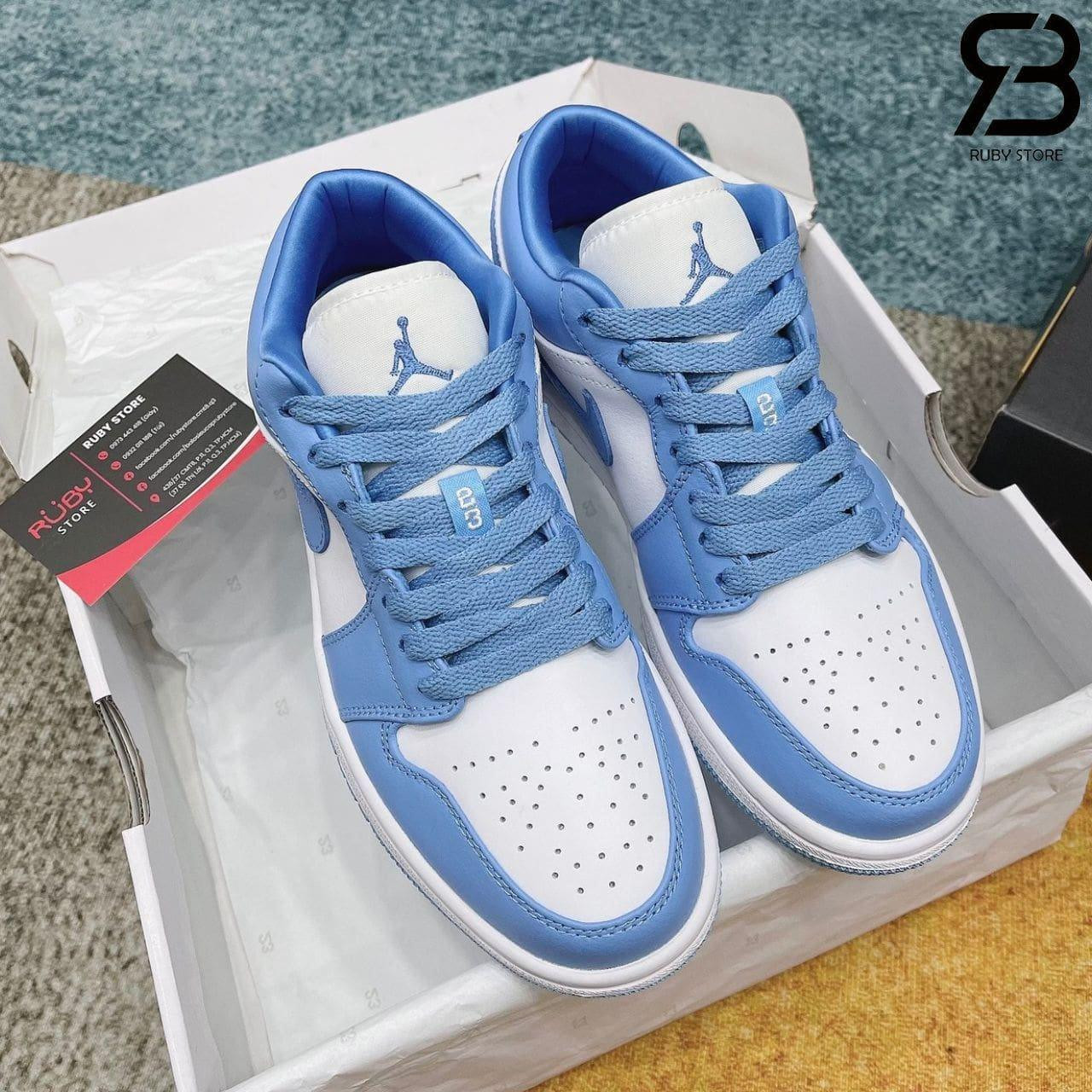 Thiết kế giày Jordan xanh dương cổ thấp phối màu UNC biểu tượng, lấy cảm hứng từ Đại học Bắc Carolina.