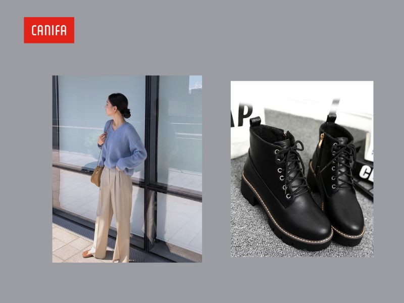 Trang phục công sở phối giày boot nữ cổ thấp và quần âu