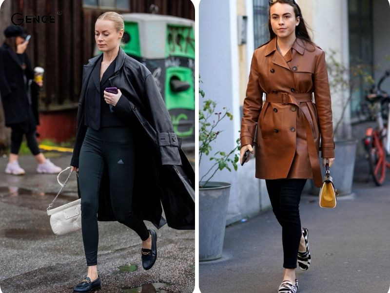 Trang phục mùa đông ấm áp: áo khoác, quần legging, giày lười