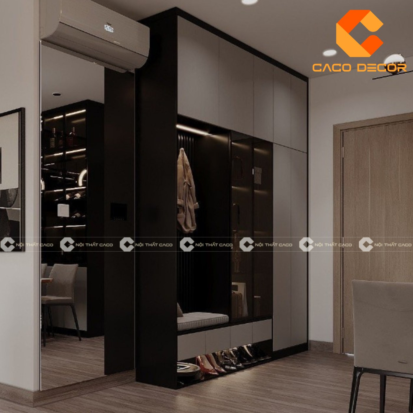 Tủ giày kịch trần có ghế ngồi bọc đệm màu xám, tiện lợi khi mang giày