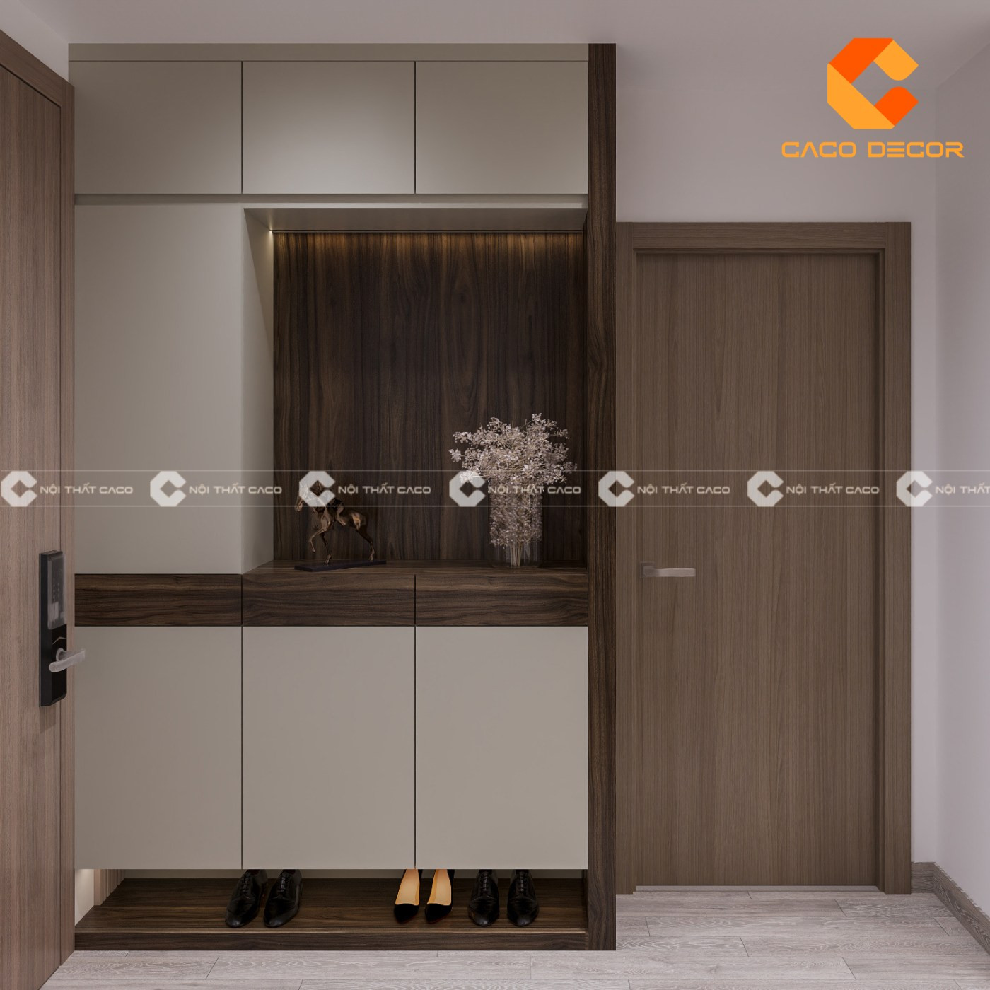 Tủ giày kịch trần phối màu trắng và gỗ hiện đại cho không gian phòng khách