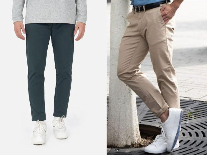 Người mẫu nam diện quần kaki màu be và giày thể thao trắng, thể hiện phong cách năng động hàng ngày.